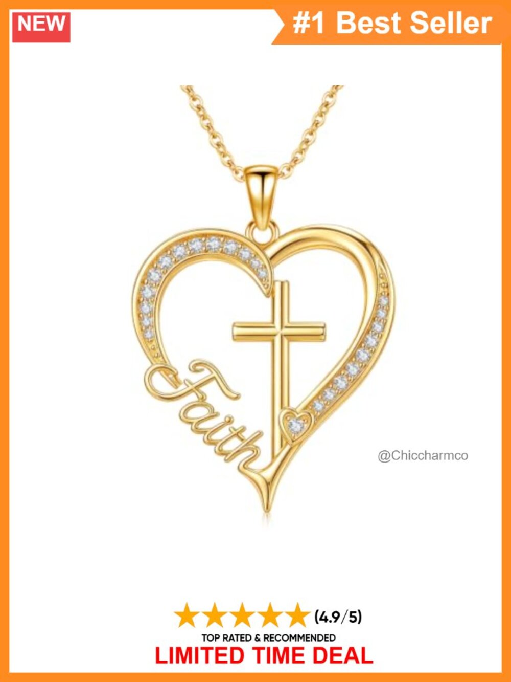 14K Gold Plated Heart Cross Faith Pendant Necklace Cubic Zirconia